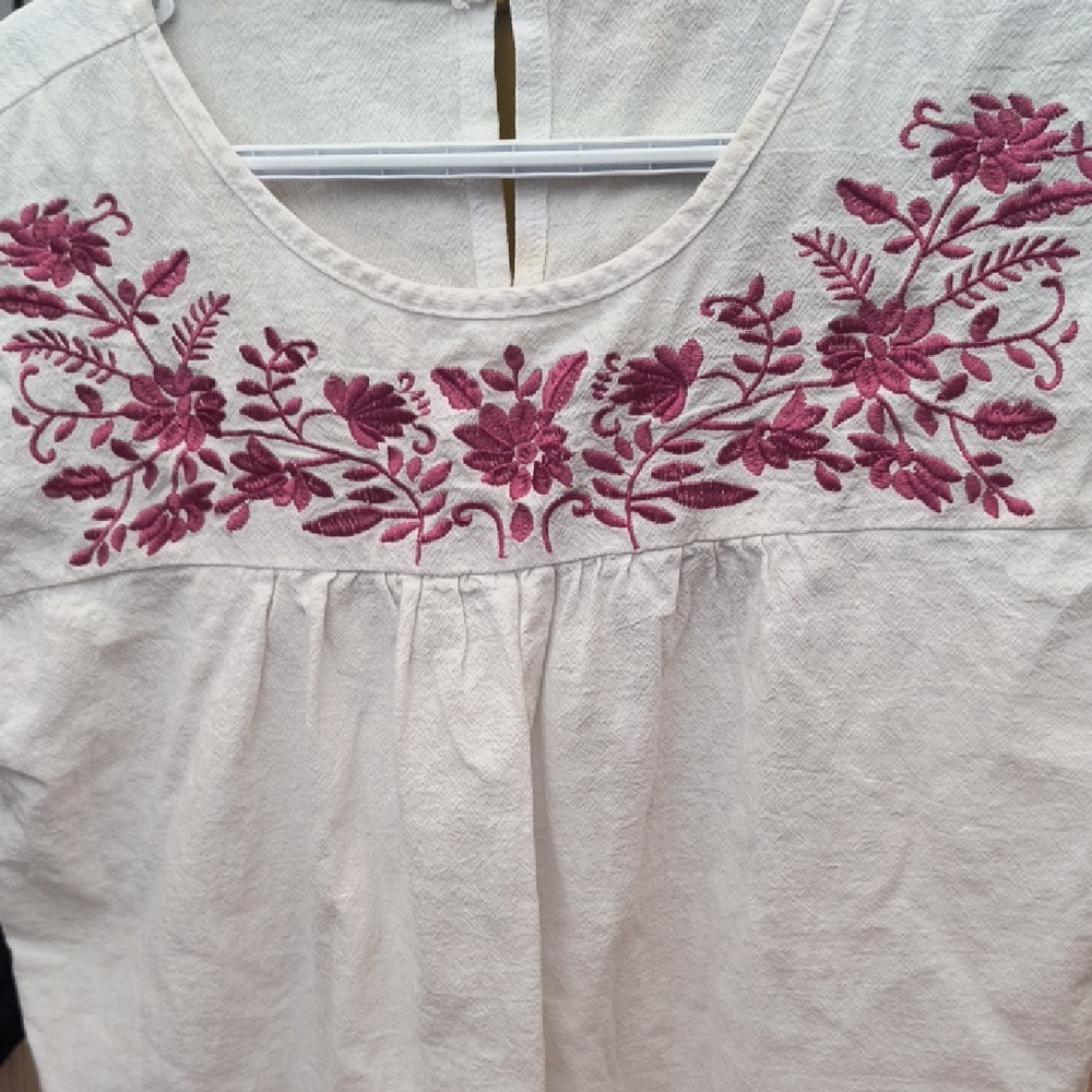 SHEIN Cream Blouse with Purple Embroidery